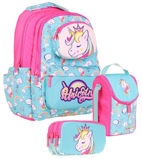 Kids 3D Unicorn Şekilli Kız Çocuk Üçlü Okul Çantası Seti/Takımı - Turkuaz Pembe (L5155+L7155+L8155)