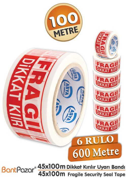 45X100 Dikkat Kırılır Koli Bandı | 6 Adet | Hotmelt Paketleme Uyarı İkaz Bandı
