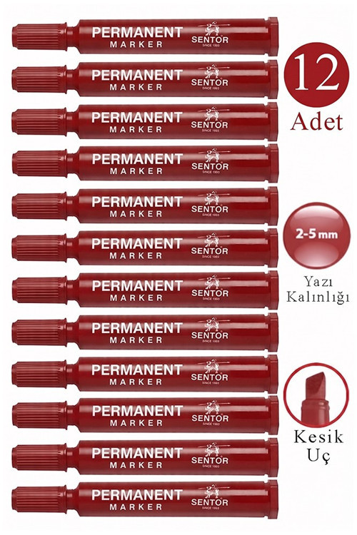 Kırmızı Permanent Markör Kalem Kesik Uç 12 Adet Sentör Kalıcı Marker Kalem Tüm Koli Karton Çuval Cam Plastik Yüzeylerde