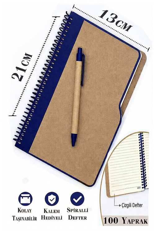 Sert Kapak Çizgili Defter 100 Yaprak 1 Adet Kalem Hediyeli Lastikli Defter Spiralli Günlük Defteri