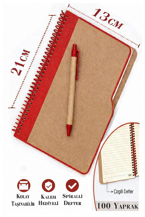 Sert Kapak Çizgili Defter 100 Yaprak 1 Adet Kalem Hediyeli Lastikli Defter Spiralli Günlük Defteri