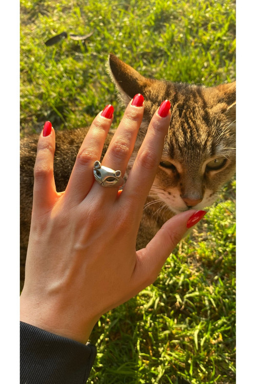 Kiki Gümüş Kedi Yüzük Pirinç Üzeri Altın Kaplama