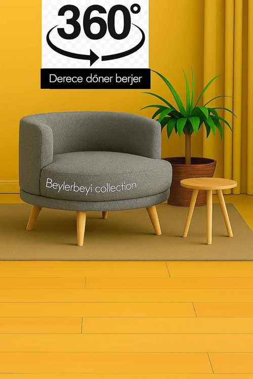 360 Derece Döner Berjer,Keten Kumaş Gri Renkli Tekli Koltuk, Mekanizmalı Döner Berjer,