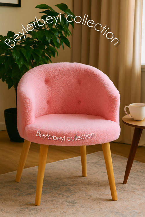 Gürgen Ahşap Ayak,Sırtlı Berjer Pembe Renkli Peluş Kumaş, Dekoratif Puff,Çay Seti, Koltuk