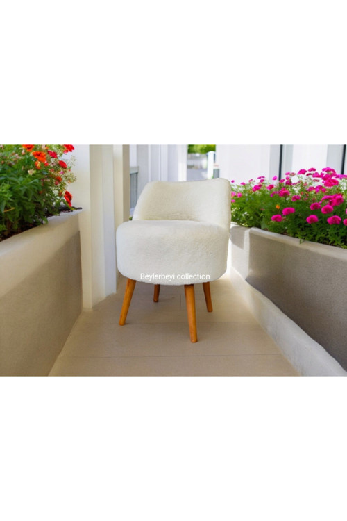 Rufmye , Sırtlı Mini Berjer, Kırık Beyaz, Dekoratif Puf, Puf Bench Makyaj Pufu,