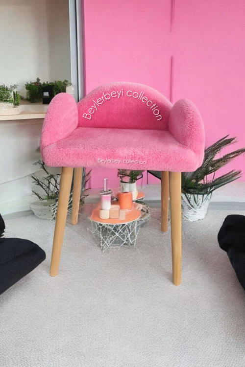 Makyaj Pufu, Pembe Renkli, Dekoratif Puf, Yüksek Ayaklı Puf, Mini Berjer Koltuk Pufu