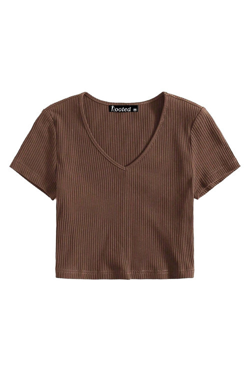 -Kadın Basic Crop V Yaka Kaşkorse T-shirt