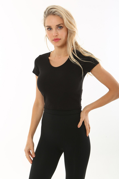 -Kadın Basic Crop V Yaka Kaşkorse T-shirt