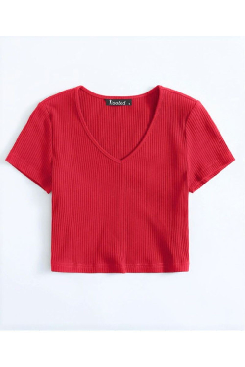 -Kadın Basic Crop V Yaka Kaşkorse T-shirt
