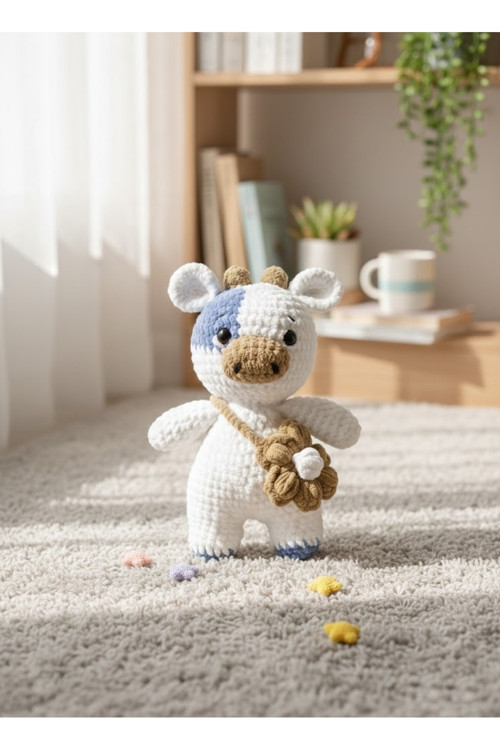 Möök Amigurumi El Örmesi Yumuşak Peluş İnek Oyuncak 33 cm Kahverengi