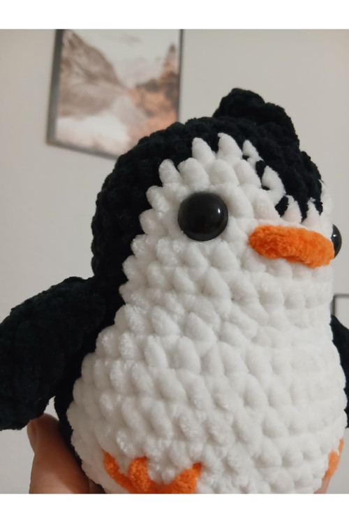 King Amigurumi El Örmesi Yumuşak Peluş Penguen Oyuncak 14 cm Siyah Beyaz
