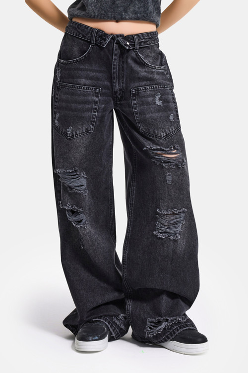 Kadın Koyu Füme 10s6-1 Süper Baggy Kemer ve Yırtık Detaylı Özel Tasarım Denim Jean