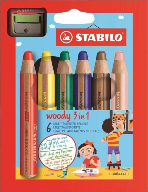 Woody 3İn1 Duo Kuru Boya Kalemi 6 Ren + Kalemtıraş EO8826-2