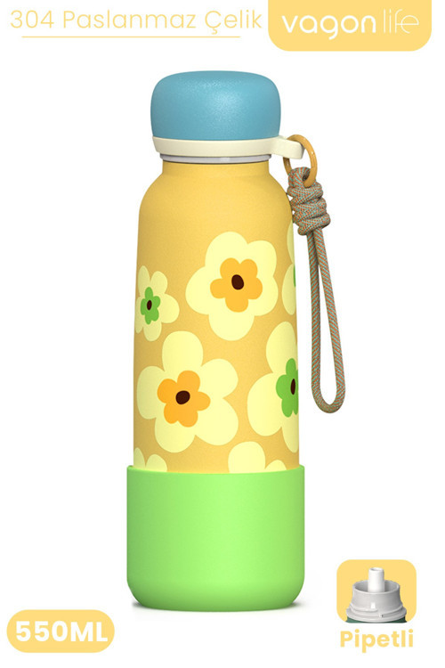 Desenli 550 ML Pipetli Sızdırmaz Paslanmaz Çelik Termos Matara El Askılı bpa içermez 550ml 1103FF