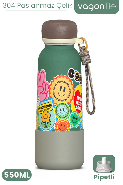 Desenli 550 ML Pipetli Sızdırmaz Paslanmaz Çelik Termos Matara El Askılı bpa içermez 550ml 1103FF