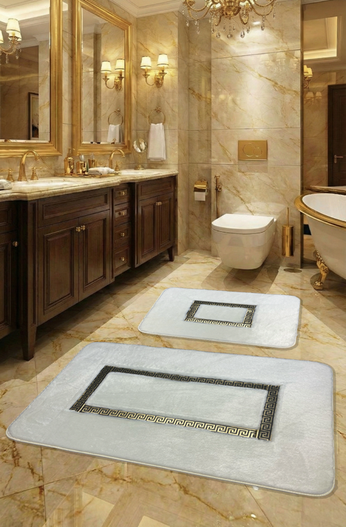 Meram Kaymaz Taban, Yumuşacık, Emici 2'li Premium Deri Detaylı Banyo Paspası Seti