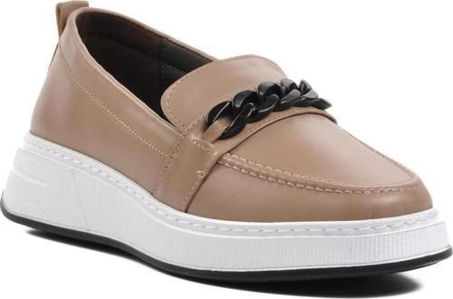 1076 Bej Hakiki Deri Kadın Loafer Ayakkabı