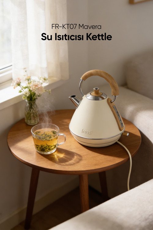 KREM FR-KT07 Mavera 1,7L Ahşap Kulp Detaylı Krem Kettle Su Isıtıcısı