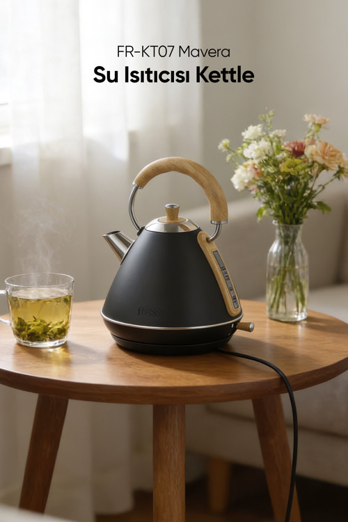 SİYAH FR-KT07 Mavera 1,7L Ahşap Kulp Detaylı Siyah Kettle Su Isıtıcısı