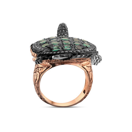 2.55 Karat Pırlanta Zümrüt Yüzük, Kaplumbağa Figürlü, Doğal Pırlanta, Sertifikalı Mücevher, Rose Altın