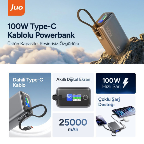 Juo 25000 mAh 100W LED Ekranlı USB-A + Type-C Kablolu Taşınabilir PD Hızlı Şarj Cihazı Powerbank 2