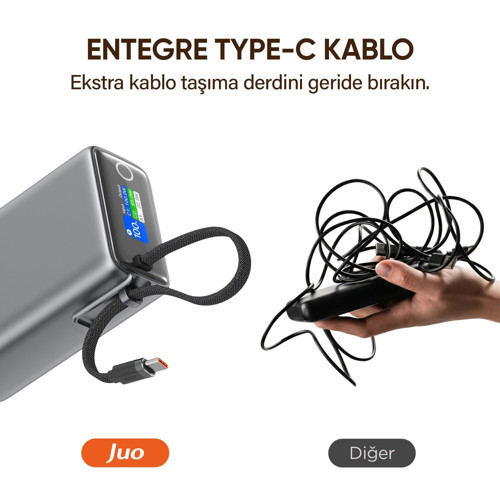 Juo 25000 mAh 100W LED Ekranlı USB-A + Type-C Kablolu Taşınabilir PD Hızlı Şarj Cihazı Powerbank 3