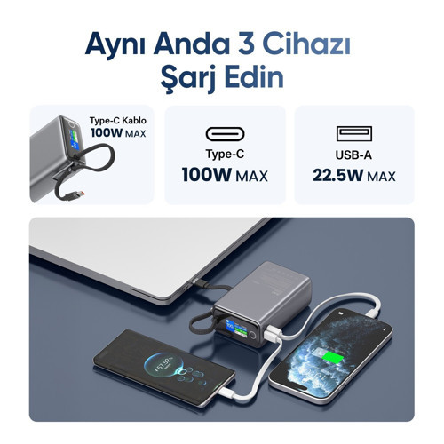 Juo 25000 mAh 100W LED Ekranlı USB-A + Type-C Kablolu Taşınabilir PD Hızlı Şarj Cihazı Powerbank 5