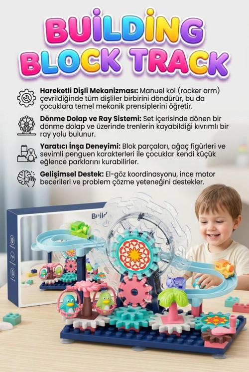 Lunapark Temalı Dönme Dolap Ve Tren Raylı Penguen Figürlü Diy Çarklı Eğitici Yapı Oyuncak Seti