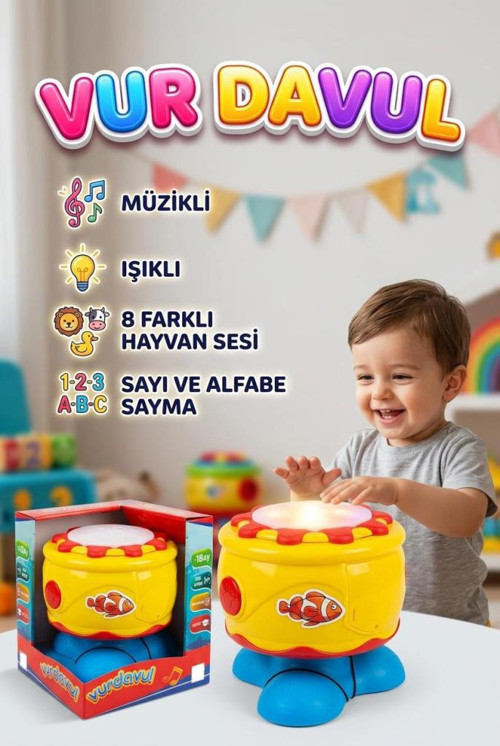 İşıklı Sesli Müzikli Ses Ayarlı Alfabe Ve Sayı Sayabilen Hayvan Sesi Çıkartan Şarkılı Oyuncak Davul