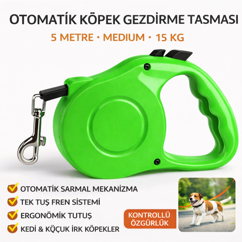 Otomatik Köpek Gezdirme Tasması Medium 5 Metre 15 kg Yeşil