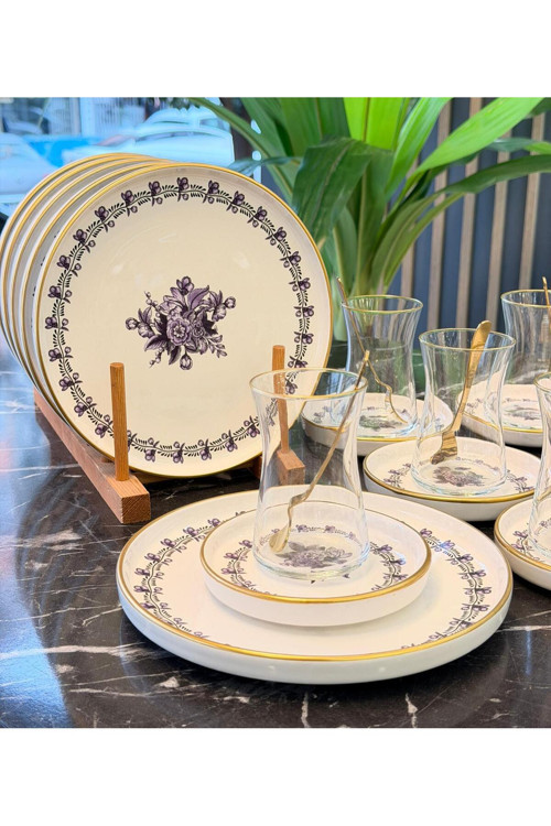18 Parça Modern Regaria Purple Flower Pasta Çay Saati Seti