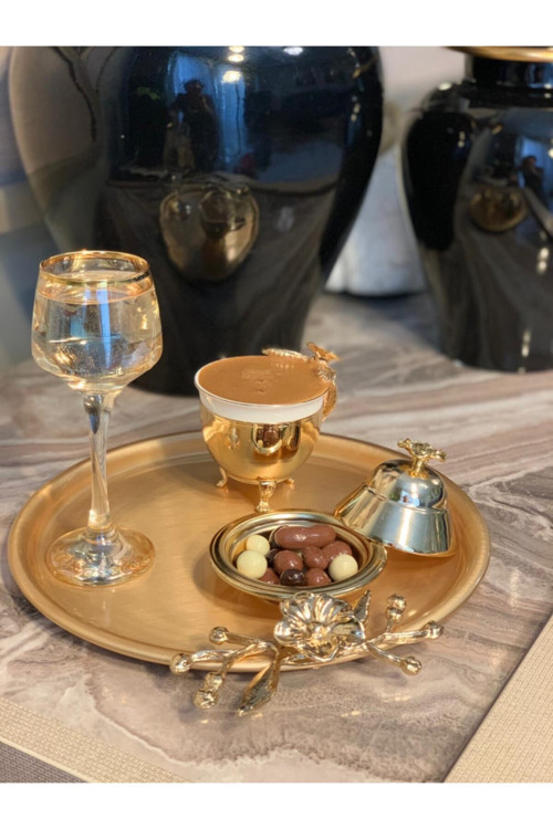 Tek Kişilik Kahve Sunumluk Metal Damat Söz Tepsi Seti Gold