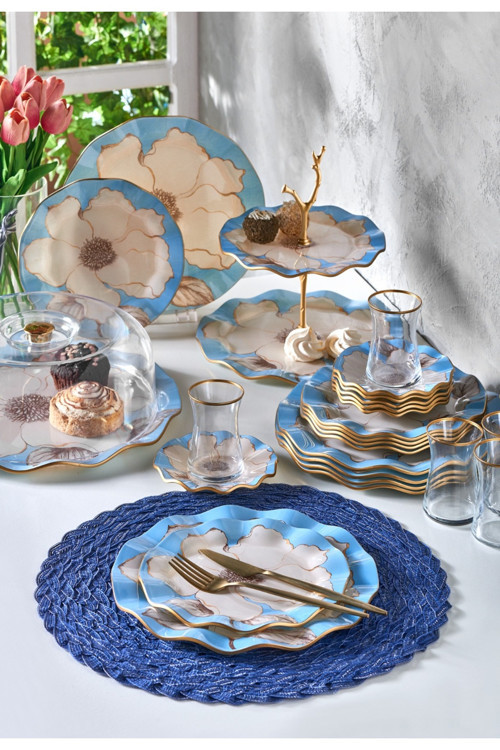 34 Parça Blue Verona Yaldızlı 6 Kişilik Pasta Çay Servis İkram Takımı