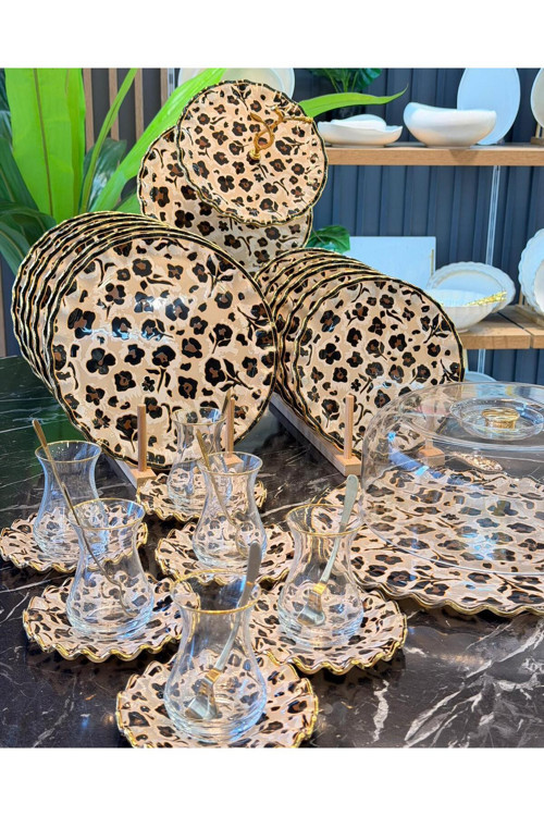 34 Parça Panthera Leopar Yaldızlı 6 Kişilik Pasta Çay Servis İkram Takımı