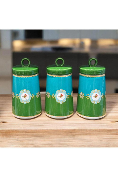 3'lü Lüks Piano Bird Green Soha Vakum Kapaklı Kavanoz Seti