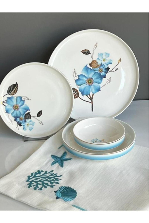 Blue Rose Mavi Gül Desen Bone Chine Porselen 24 Parça Yemek Takımı Vogue008
