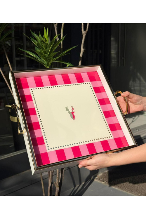 Iwon Pink Bird Çerçeveli Tepsi Kare