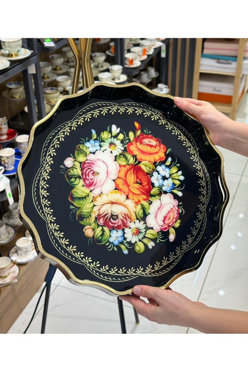 Lüks Akrilik Yuvarlak Tepsi Black Rose 38cm 408 saa