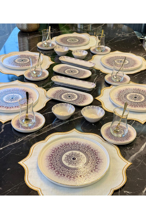 32 Parça Modern Purple Altın Yaldızlı Kahvaltı Takımı