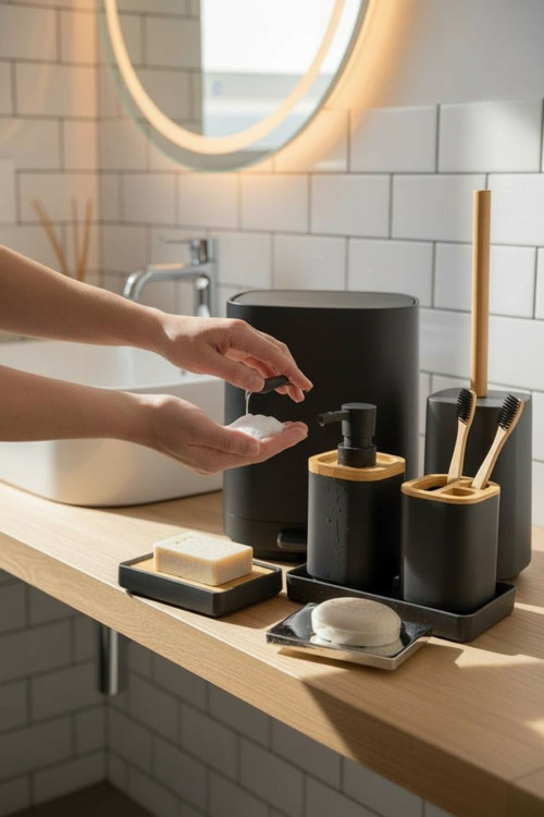 6 Parça Anna Akrilik Bambu Banyo Seti Siyah