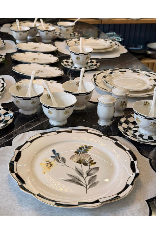 48 Parça Porselen Black Flower Kahvaltı Seti
