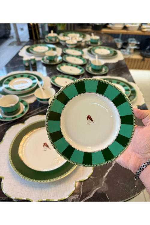 48 Parça Porselen Bird Green Qush Kahvaltı Seti