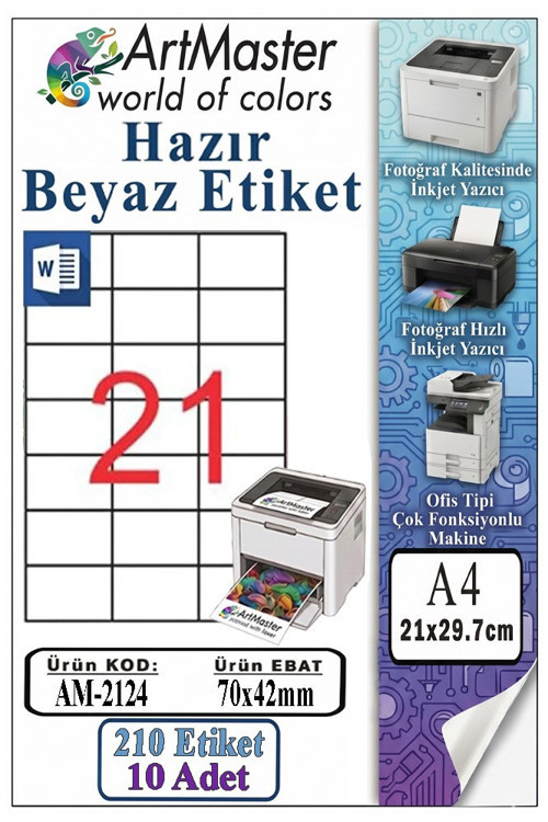 A4 Hazır Beyaz Etiket 70x42mm 10 Sayfa 1 Paket 21 li Kendinden Yapışkanlı Fotokopi Lazer İnkjet Kağıdı Yazıcılar İçin
