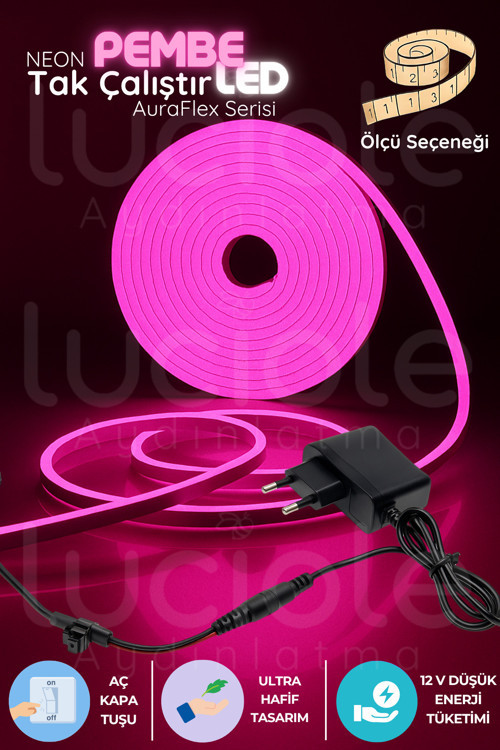 1 Metre Pembe Neon LED Şerit | AuraFlex | Fişli Tak-Çalıştır Aç-Kapa Dekor Işığı