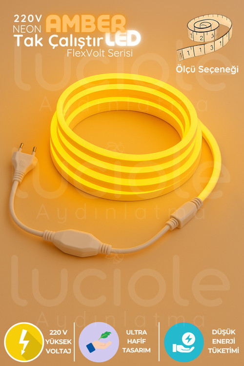 20 Metre FlexVolt Amber Neon LED Şerit – 220V Tak Çalıştır Fişli Sıcak Turuncu Işık Dekoru