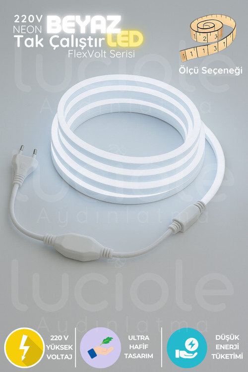1 Metre FlexVolt 220V Tak Çalıştır Soğuk Beyaz LED Neon Şerit Işık – Yüksek Parlaklık