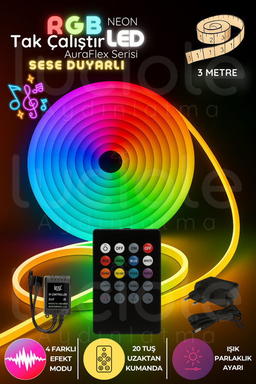 3 Metre RGB Neon Şerit LED | AuraFlex | Sese Duyarlı Kumandalı Esnek Aydınlatma