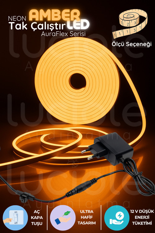 3 Metre Turuncu Neon LED Şerit | AuraFlex | Aç-Kapa Tuşlu Fişli Amber Dekor Işığı