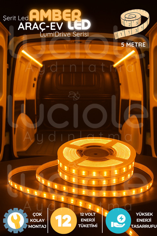 LumiDrive 5m Amber 12V Şerit LED – Turuncu Araç İçi Dekoratif Işık, Kablolu, Kesilebilir, Yapışkanlı