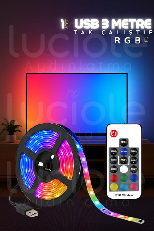 RGB Şerit LED Işık 3 Metre | USB Girişli Kumandalı Ambiyans Lamba – TV Arkası & Lambader Alternatifi